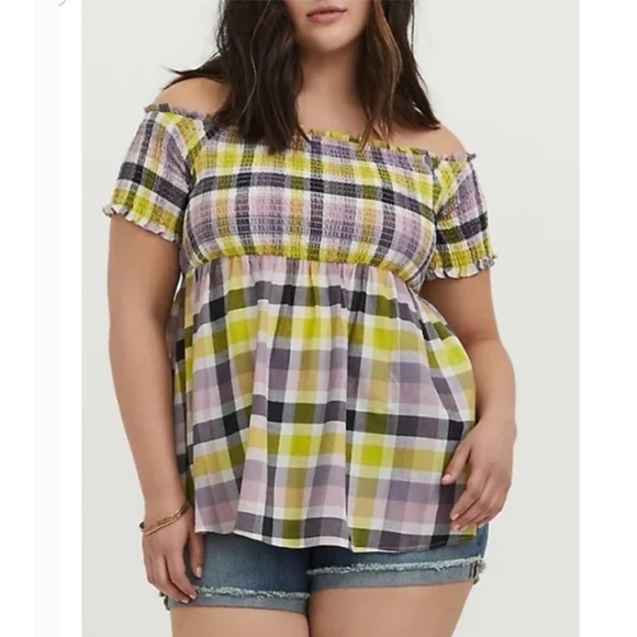 TORRID 5 MULTI PLAID SMOCKED OFF SHOULDER PEPLUM TOP - Picture 1 of 9